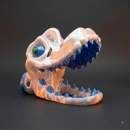 Giant blue and white articulated Brachiosaurus head