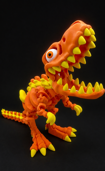 Giant orange articulated T-Rex front angle