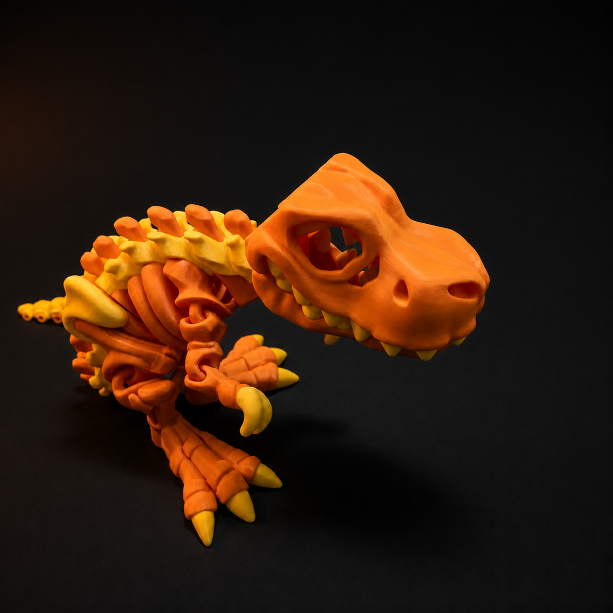 Giant orange articulated T-Rex front view