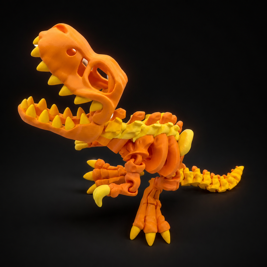 Giant orange articulated T-Rex side view