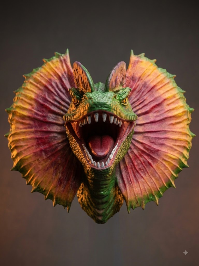 Hand-painted mountable Dilophosaurus head, front view