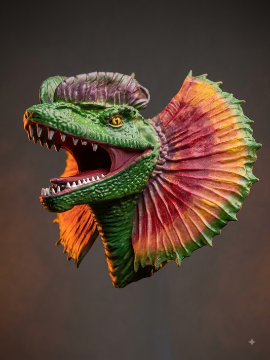 Hand-painted mountable Dilophosaurus head, side view